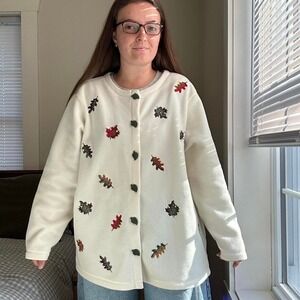Vintage 90s Cream Fall Leaf Embroidered Fleece Jacket Size XL
